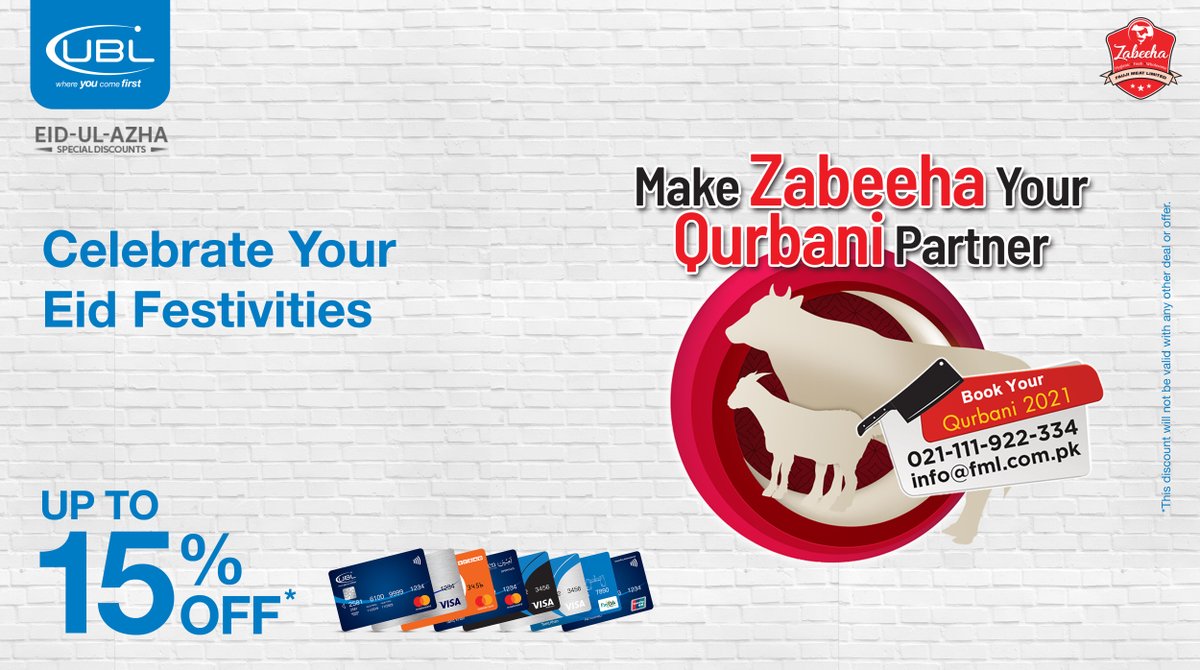 UBLDigital's tweet photo. Having trouble finding someone authentic for your Qurbani? UBL has got you covered!
Use your UBL Card to get an amazing discount of up to 15% at Zabeeha.
Terms & Conditions Apply
#UBL #UBLAlliances #UBLDiscounts #UBLCards #UBLDiscount #Zabeeha https://t.co/cnCSHCWh4N
