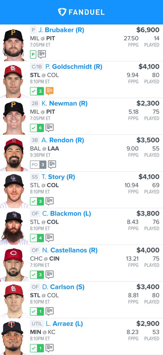 keyanalytics's tweet photo. Today's main slate MLB GPP lineup (7/2) #MLB #DFS #FD #FanDuel https://t.co/wMTirhFLub