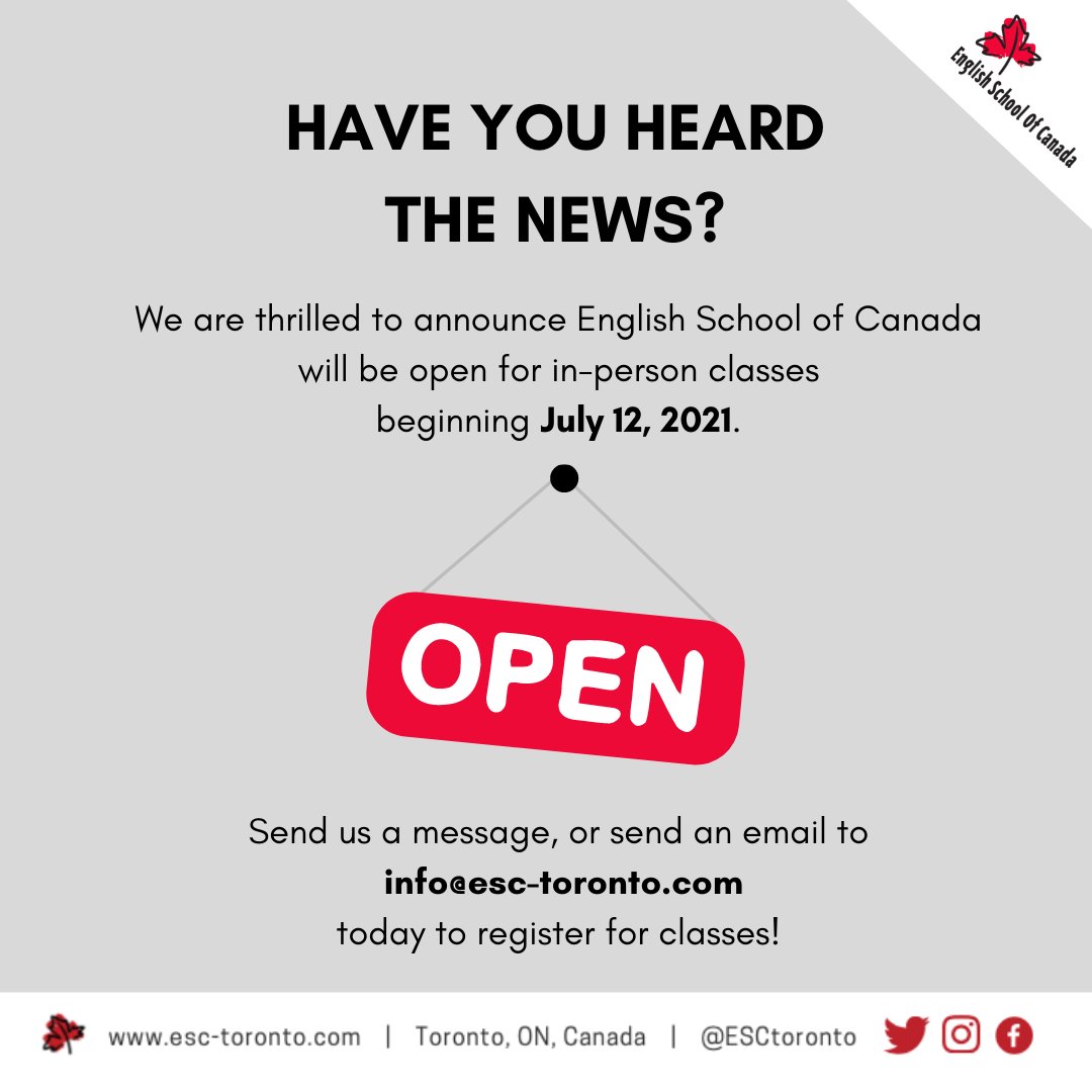 ESCToronto's tweet photo. We are open for in-person classes beginning July 12th! π
Please send us an email to register for one of online or in-person programs.
#LifeAtESC ππ¨π¦ https://t.co/ViHqJyYzIS