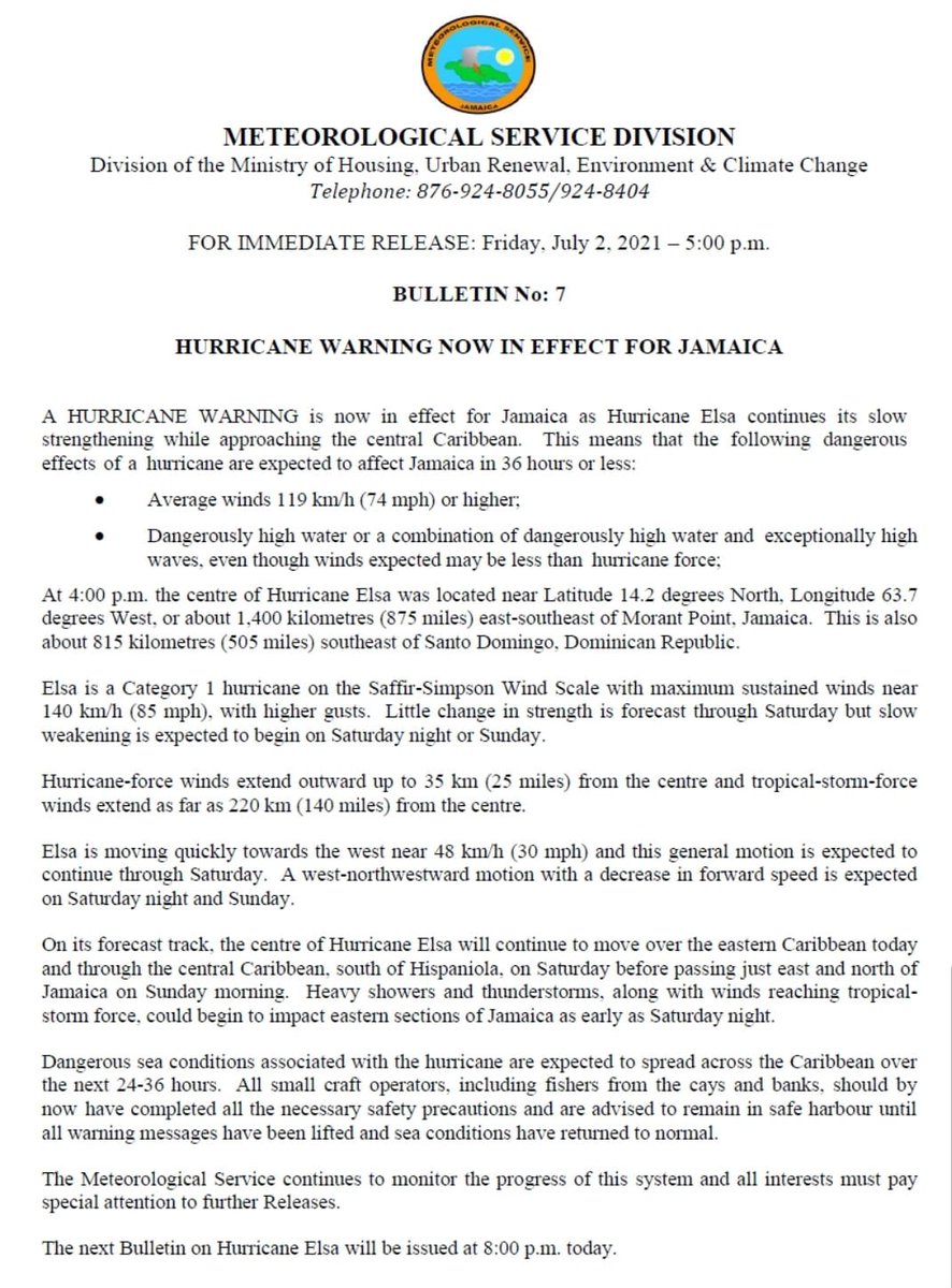 AndrewHolnessJM's tweet photo. #PressRelease: A HURRICANE WARNING is now in effect for Jamaica as Hurricane Elsa continues its slow strengthening while approaching the central Caribbean. @MetserviceJA https://t.co/zhNJmnLdB1