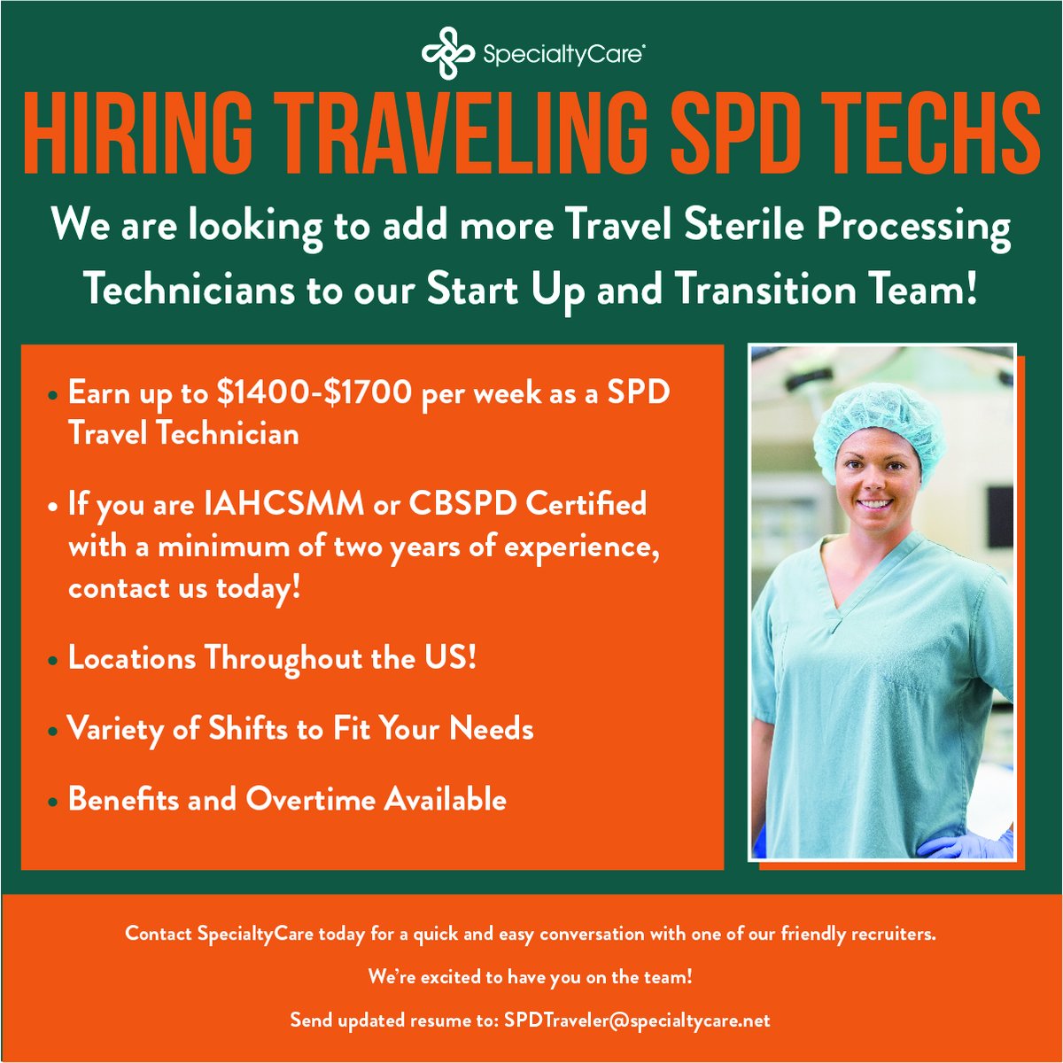 SpecialtyCareUS's tweet image. Ready for a career change? Come join our Start Up and Transition Team as a Traveling SPD Tech! Reach out today to learn more about the benefits listed. We&apos;re looking forward to hearing from you! #awesomepeople #sterileprocessing #sterileprocessingtechnician #spd