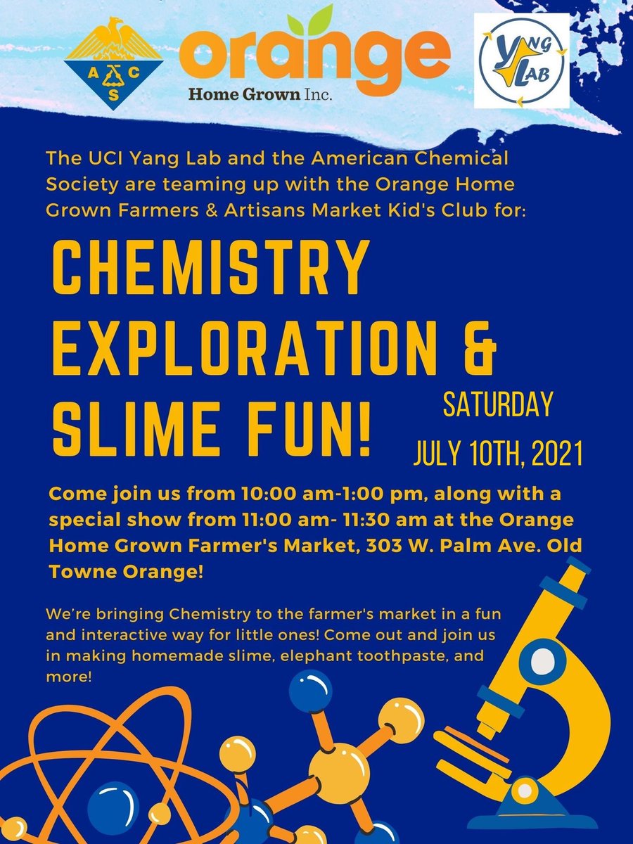 Erin Joy Araneta (@whatserindoin) on Twitter photo Join us <a href="/yang_group/">Yang Group</a> at the <a href="/orangehomegrown/">Orange Home Grown</a> Farmer’s Market on Saturday, July 10 for some chemistry exploration! We will be making slime, demonstrating elephant toothpaste, and more!
More details on the flyer!
#chemtwitter #scicomm #Chemistry #science #kidsandchemistry Join us <a href="/yang_group/">Yang Group</a> at the <a href="/orangehomegrown/">Orange Home Grown</a> Farmer’s Market on Saturday, July 10 for some chemistry exploration! We will be making slime, demonstrating elephant toothpaste, and more!
More details on the flyer!
#chemtwitter #scicomm #Chemistry #science #kidsandchemistry