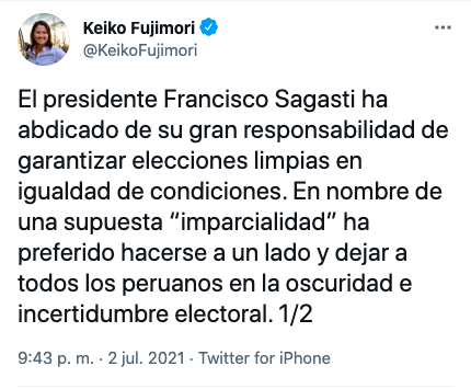 Keiko         //         Keiko
en junio                 en julio

Sagasti debe ser imparcial solo cuando ella quiere y le conviene. 🤷🏻‍♂️