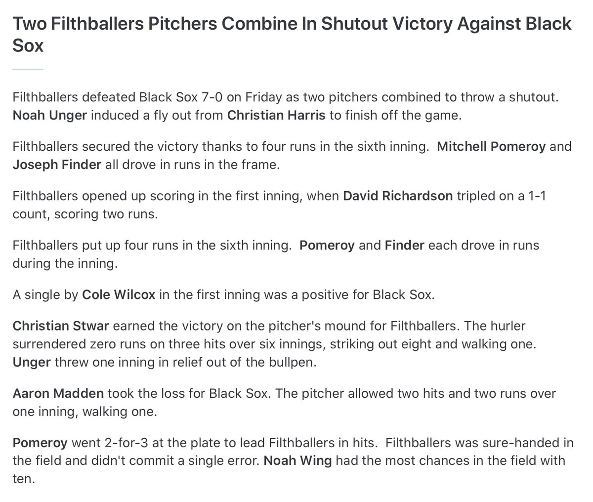 CornBeltLeague's tweet photo. FINAL 

Filthballers (10-5) 7
Black Sox (8-7) 0

Top Performers:
OFB: Christian Stwar- 6 IP/ 0 R / 8 K
OFB: Mitchel Pomeroy (@UD__Baseball) 2-3/ 3 R / 2 RBI / 2B
OFB: David Richardson (@MMULancersBSB) 1-3/ 3B / 2 RBI
OBX: Stephen Larkins- 1-3/ SB https://t.co/EfclQEPrt9