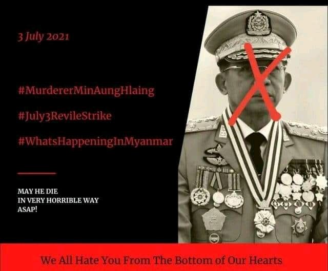 MyuuHnin's tweet photo. May you dead quickly Min Aung Hlaing
#MurdererMinAungHlaing 
#July3RevileStrike 
#WhatsHappeningInMyanmar https://t.co/Xp92PQ4ulV