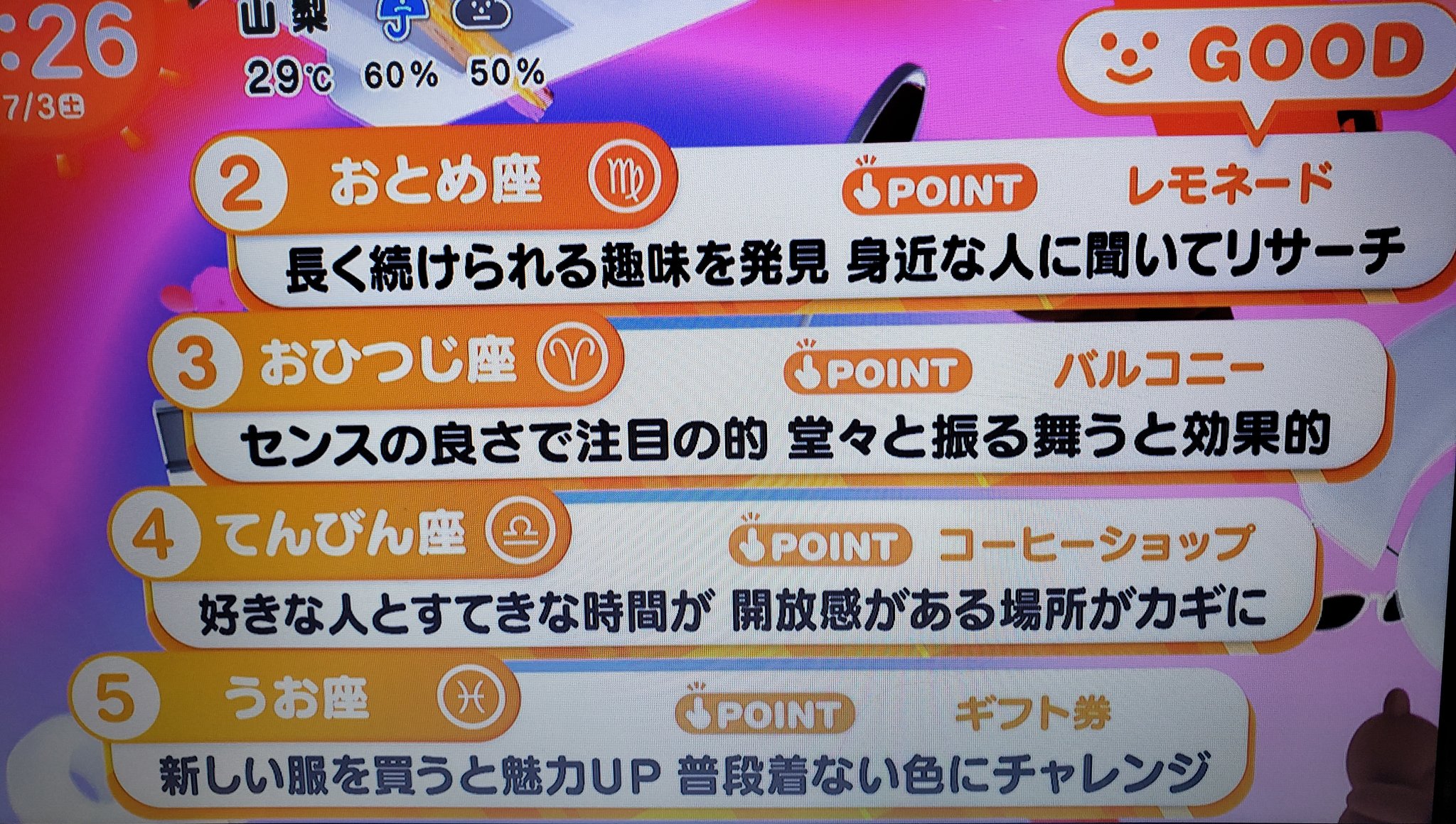みゆ on X: おはようございます🌏 7月3日(土) 関東の雨のピークはお昼頃☔ 🔮めざまし占い🔮  1位おうし座♉(ごめんなさいスマホのロック解除遅くて撮れなかった😭) ふたご座6位😅 12位続きます↓  皆さんにとって素敵な一日になりますように🍀 めざましテレビ めざまし ...
