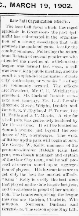 jamesleegilbert's tweet image. March 1902: Site for Cone Athletic Park donated. #Greensboro #ForgottenFields #StateLeague #ClassDBaseball (Greensboro Patriot; March 19, 1902)
