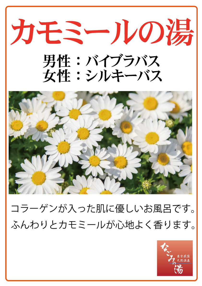 東京荻窪 天然温泉 なごみの湯 7 3 土 7 4 日 カモミール湯 コラーゲン配合の優しい肌触りです なごみの湯 岩盤浴 サウナ