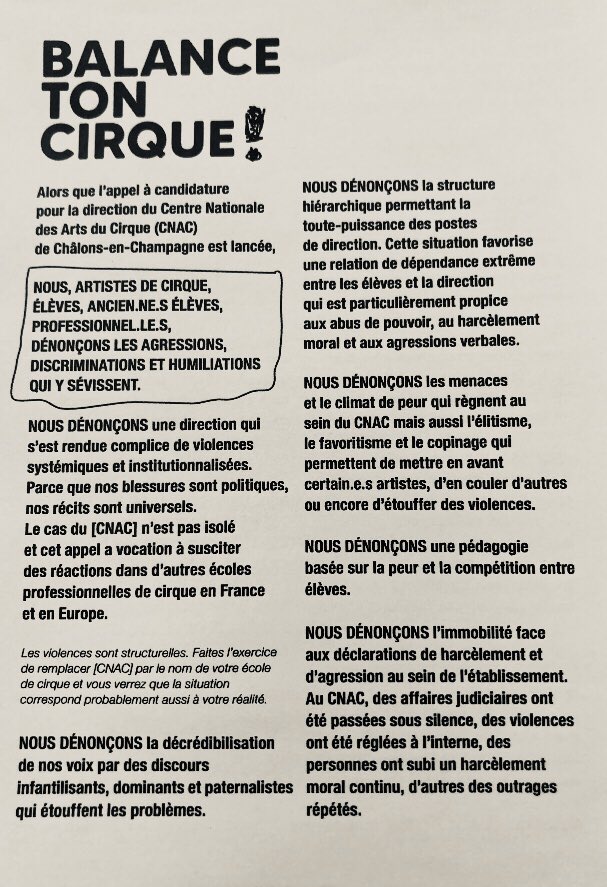 LesCirque's tweet image. BALANCE TON CIRQUE ! NOW ! 
#MeTooCirque 

[THREAD à dérouler ]

Ce soir, ds le cadre emblématique « #LesÉchappées », (tps spectaculaire, validant les 3 années de formation sup. des étudiant.e.s du #Cnac), #LesTenaces ont soutenu une action du collectif #BalanceTonCirque
⤵️