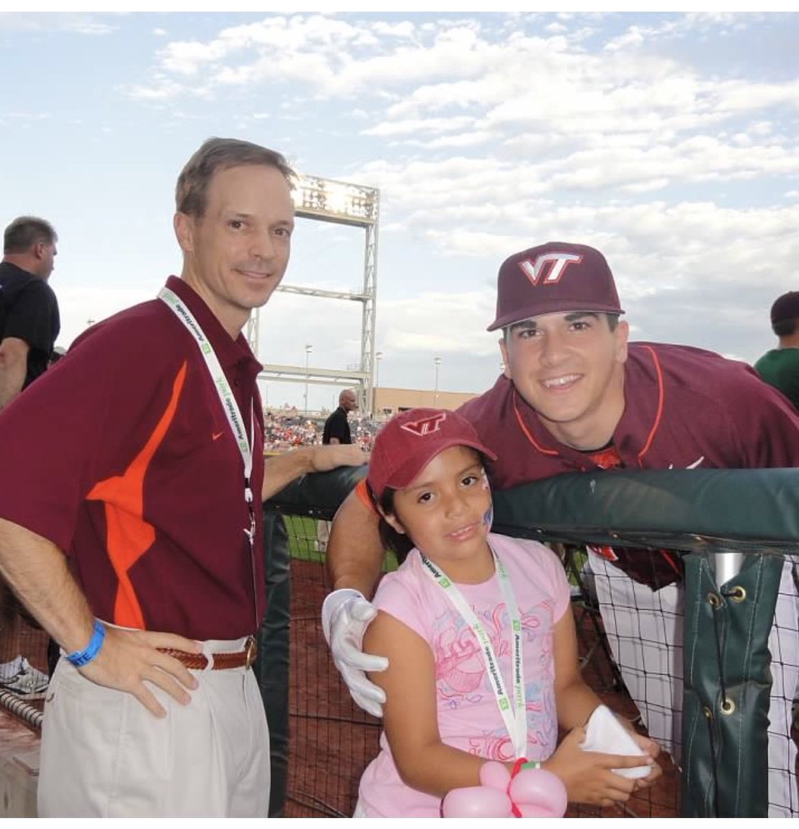 paulpetera's tweet photo. Man, time flies. Here’s Abby and me in the dugout at TD Ameritrade Park 10 years ago with Hokie Andrew Rash for the NCAA HR Derby. Now she herself is a year away from playing ball in college. 😊 😢 😊 https://t.co/2ASNbpZG2t