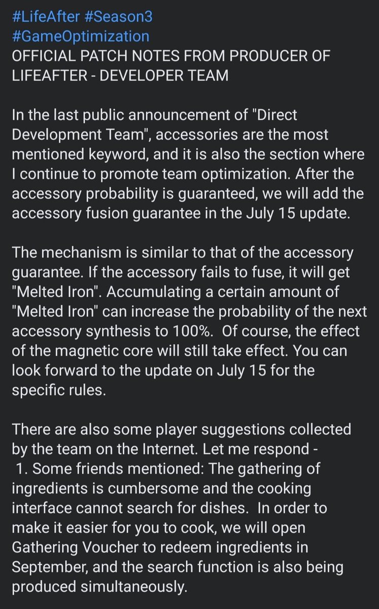 CATEYES28173408's tweet image. #LifeAfter #Season3
#GameOptimization
OFFICIAL PATCH NOTES FROM PRODUCER OF LIFEAFTER - DEVELOPER TEAM