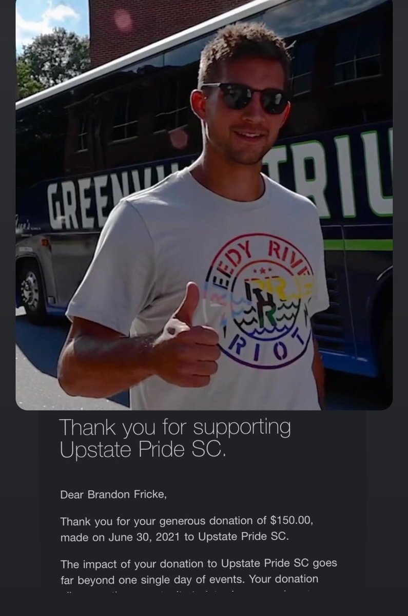 Brandon Fricke (@b_fricke5) on Twitter photo Happy to donate $150 to <a href="/UpstatePrideSC/">Upstate Pride SC</a>, big thanks to those that matched and continue to support inclusion in sports! Happy to donate $150 to <a href="/UpstatePrideSC/">Upstate Pride SC</a>, big thanks to those that matched and continue to support inclusion in sports!
