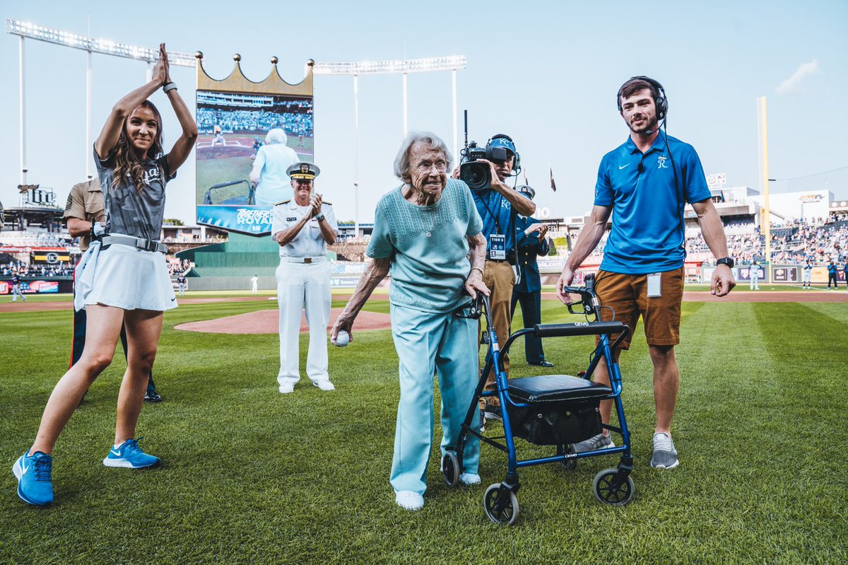 Royals's tweet photo. We were honored to have Mabel Johnson, a 106-year young WWII Coast Guard Veteran throw our ceremonial first pitch tonight! Thank you for serving our country and great pitch, Mabel!

#TogetherRoyal https://t.co/dox9FmZcLA
