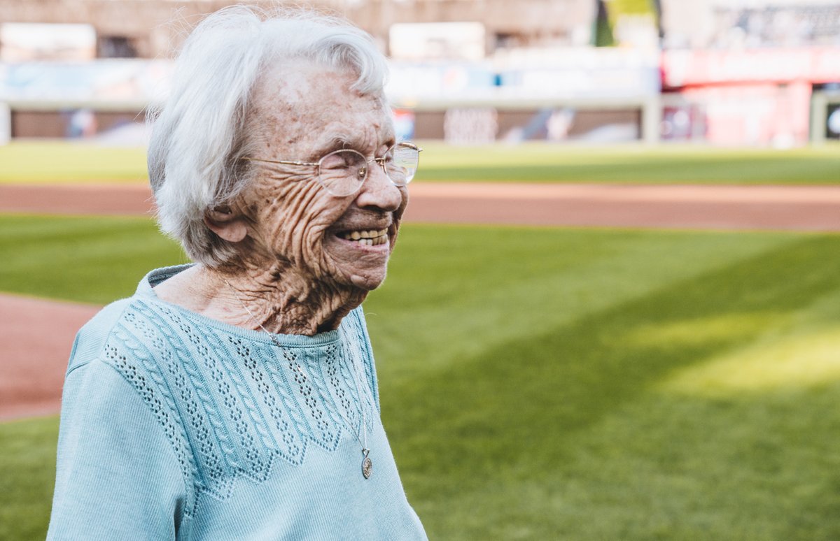 Royals's tweet photo. We were honored to have Mabel Johnson, a 106-year young WWII Coast Guard Veteran throw our ceremonial first pitch tonight! Thank you for serving our country and great pitch, Mabel!

#TogetherRoyal https://t.co/dox9FmZcLA