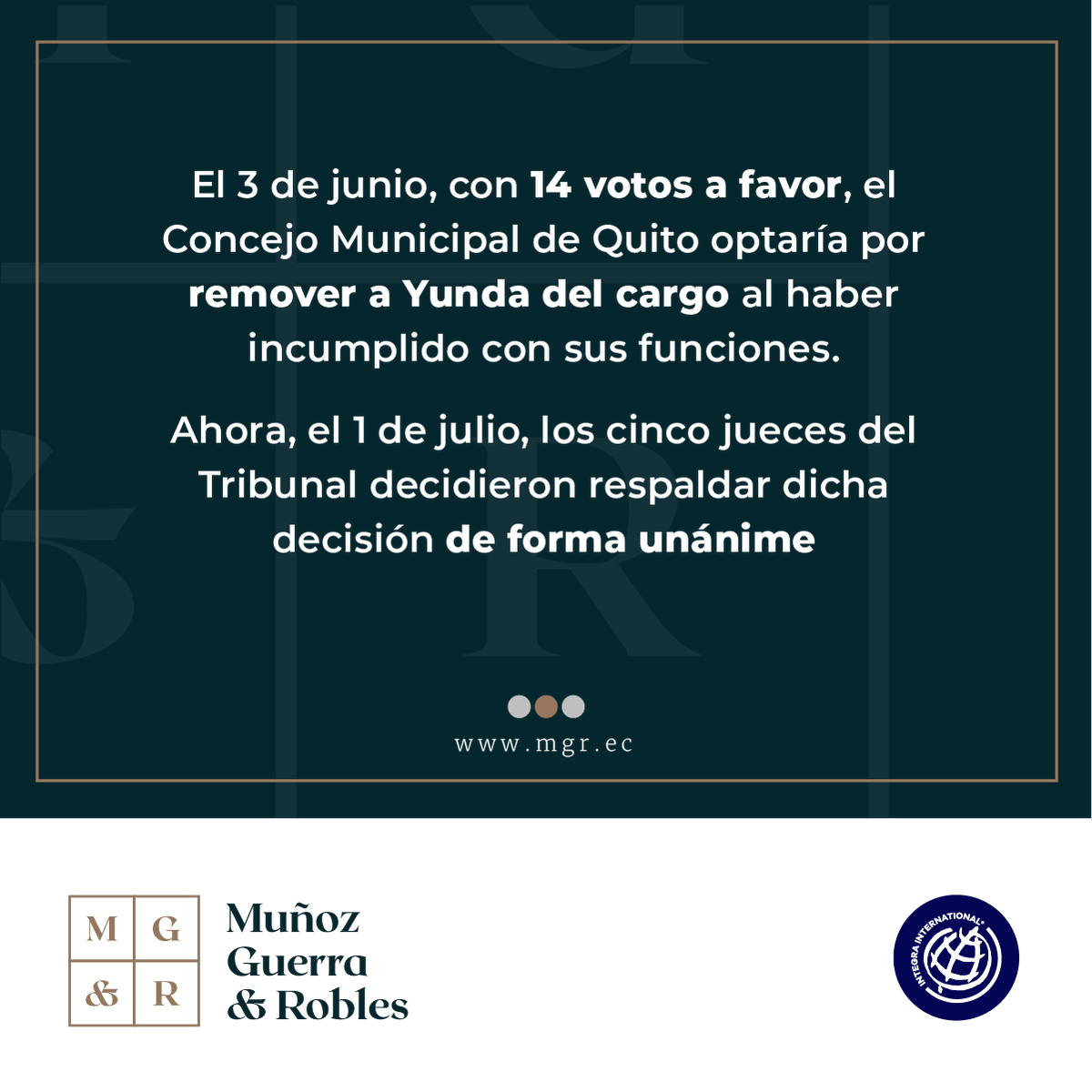 MGR_Ecuador's tweet photo. El Tribuna Contencioso Electoral dictó su sentencia de manera unánime. Para más información sigue nuestros #MGRTeInforma o visita nuestra página https://t.co/ic1OwCLXDj #ecuador #quito #yunda #TCE https://t.co/kXBrv68Mli