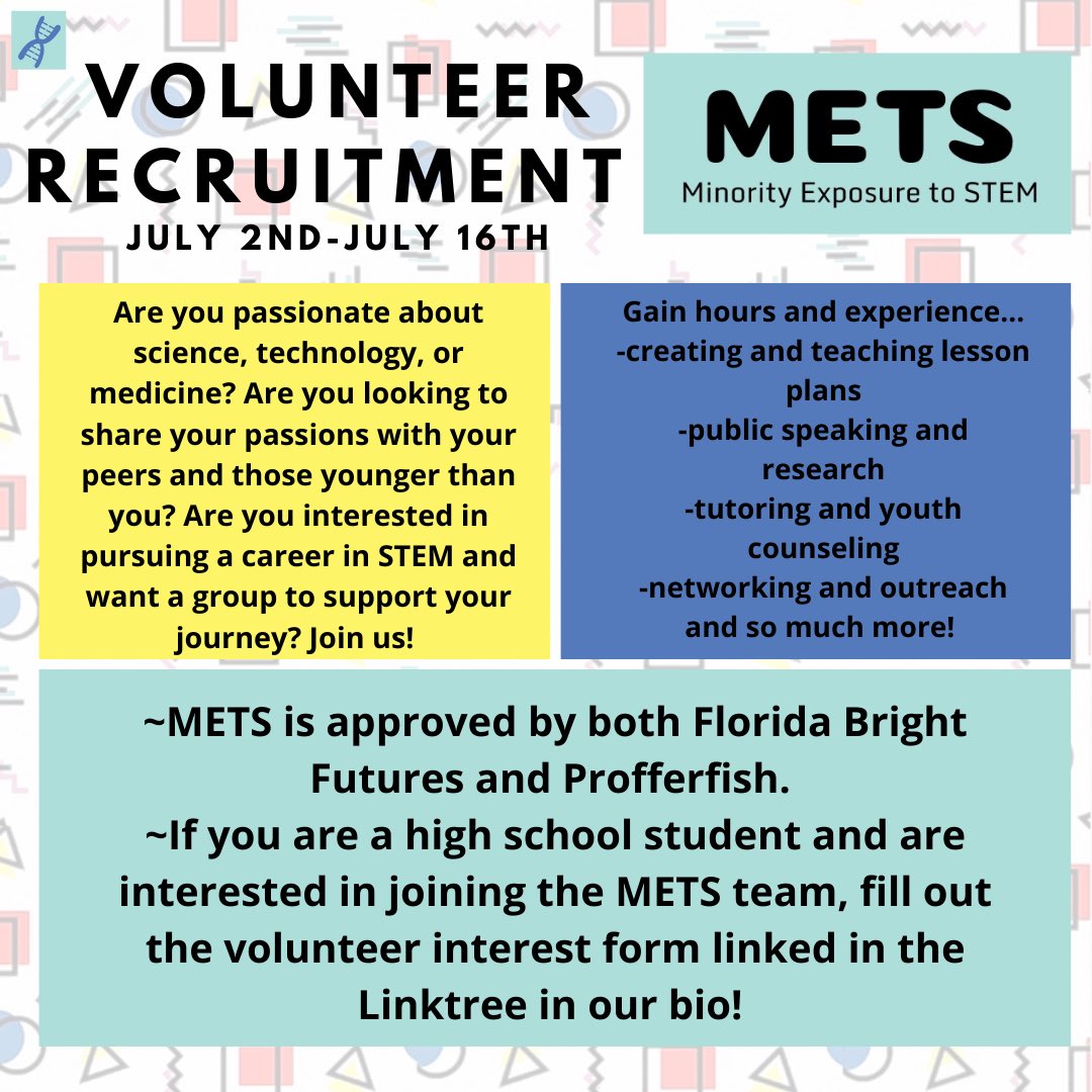 metsfl's tweet image. We are having our first Volunteer Recruitment period! Check out the flier below for more information. DM us with any questions regarding volunteering. #volunteering #volunteeringinstem #STEMed #stem #science #technology #Engineering #math