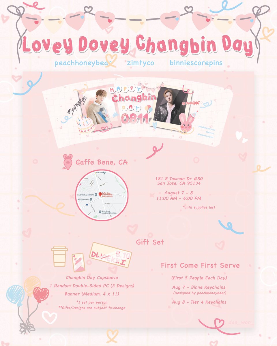 #LoveyDoveyChangbin Day💕

📆August 7-8th from 11-6
📍Caffe Bene San Jose
🤍Collab between @peachhoneybear, @zimtyco, and binniescorepins on IG. Thank you to @dae_won_ for the flier!

Please check out @cafelovestay for more updates and future cupsleeve events!!

Details below⬇️