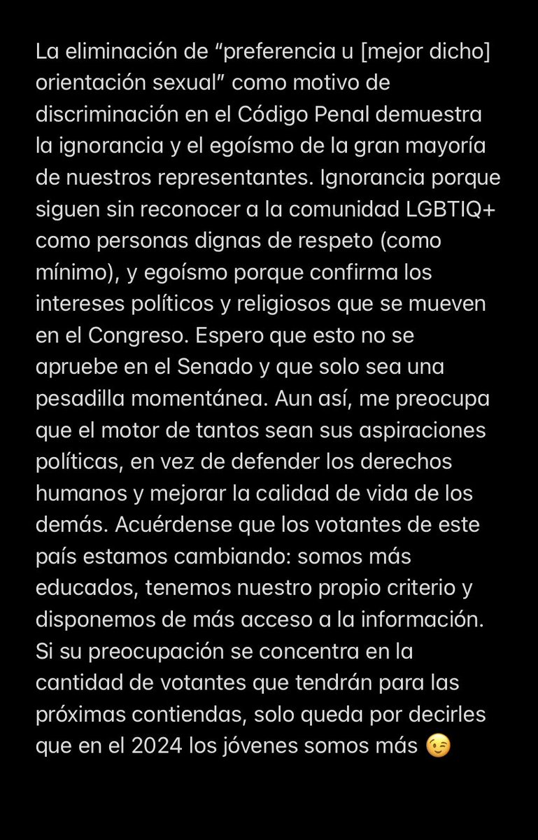 Amaarbaje's tweet photo. La eliminación de “preferencia u [mejor dicho] orientación sexual” como motivo de discriminación en el Código Penal demuestra la ignorancia y el egoísmo de la gran mayoría de nuestros representantes... https://t.co/67Yh5ioIlU