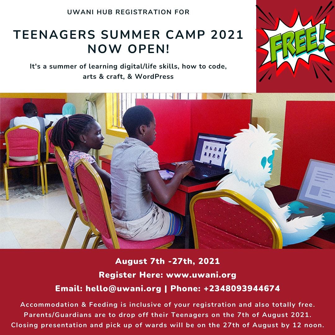 Our Teenagers Summer Camp happening August 7-27th is now open for registration.

For Ages 10 - 17 and it's totally free.

Sign up your teens here: uwani.org

#DigitalSkill #TeenagersCamp #Coding