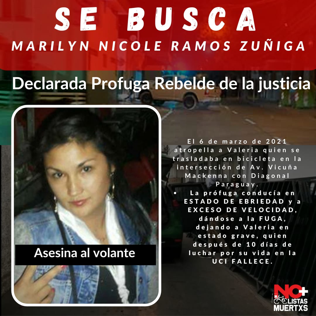 RevoCicliPluri's tweet photo. Marilyn Ramos Zúñiga, actualmente se encuentra declarada PROFUGA REBELDE DE LA JUSTICIA, el 6 de marzo conducía a exceso de velocidad y en estado de ebriedad atropellando a Valeria Guajardo, joven ciclista de 28 años quien queda grave, sin embargo, Marilyn no le presta ayuda https://t.co/qxDPIH0reI