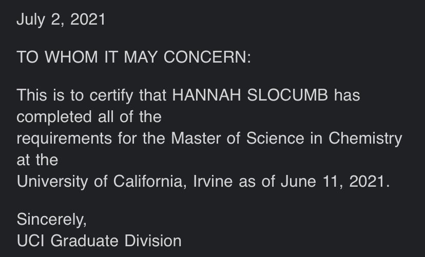 Hannah Slocumb (@hannahslocumb5) on Twitter photo First UCI degree complete ✅ First UCI degree complete ✅
