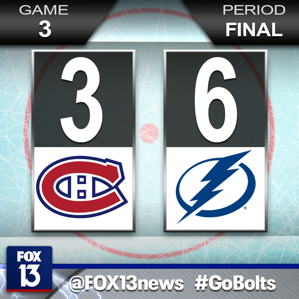 FOX 13 Tampa Bay (@fox13news) on Twitter photo #StanleyCupFinal 🏒 Game 3 FINAL 🏒 <a href="/TBLightning/">x - Tampa Bay Lightning</a> 6 ⚡⚡⚡⚡⚡ <a href="/CanadiensMTL/">x - Canadiens Montréal</a> 3
#GoBolts #BeTheThunder #StanleyCup #StanleyCupFinal 🏒 Game 3 FINAL 🏒 <a href="/TBLightning/">x - Tampa Bay Lightning</a> 6 ⚡⚡⚡⚡⚡ <a href="/CanadiensMTL/">x - Canadiens Montréal</a> 3
#GoBolts #BeTheThunder #StanleyCup