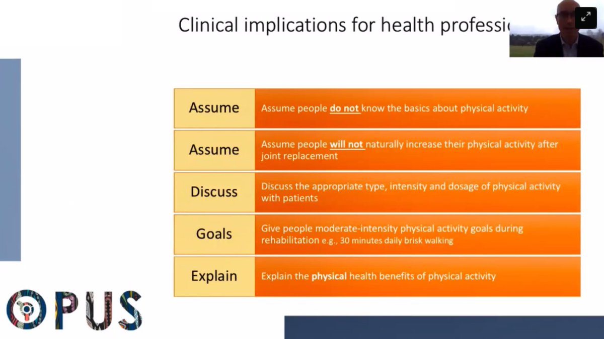 OPUS TJR (@opus_tjr) on Twitter photo #2021OPUSForum fantastic talk from <a href="/hawke_lyndon/">Lyndon Hawke, PhD</a> on patients being 'in the dark' re. the benefits and purpose of physical activity post-TJR.
Check out some of his findings and recommendations! 👇👇 #2021OPUSForum fantastic talk from <a href="/hawke_lyndon/">Lyndon Hawke, PhD</a> on patients being 'in the dark' re. the benefits and purpose of physical activity post-TJR.
Check out some of his findings and recommendations! 👇👇