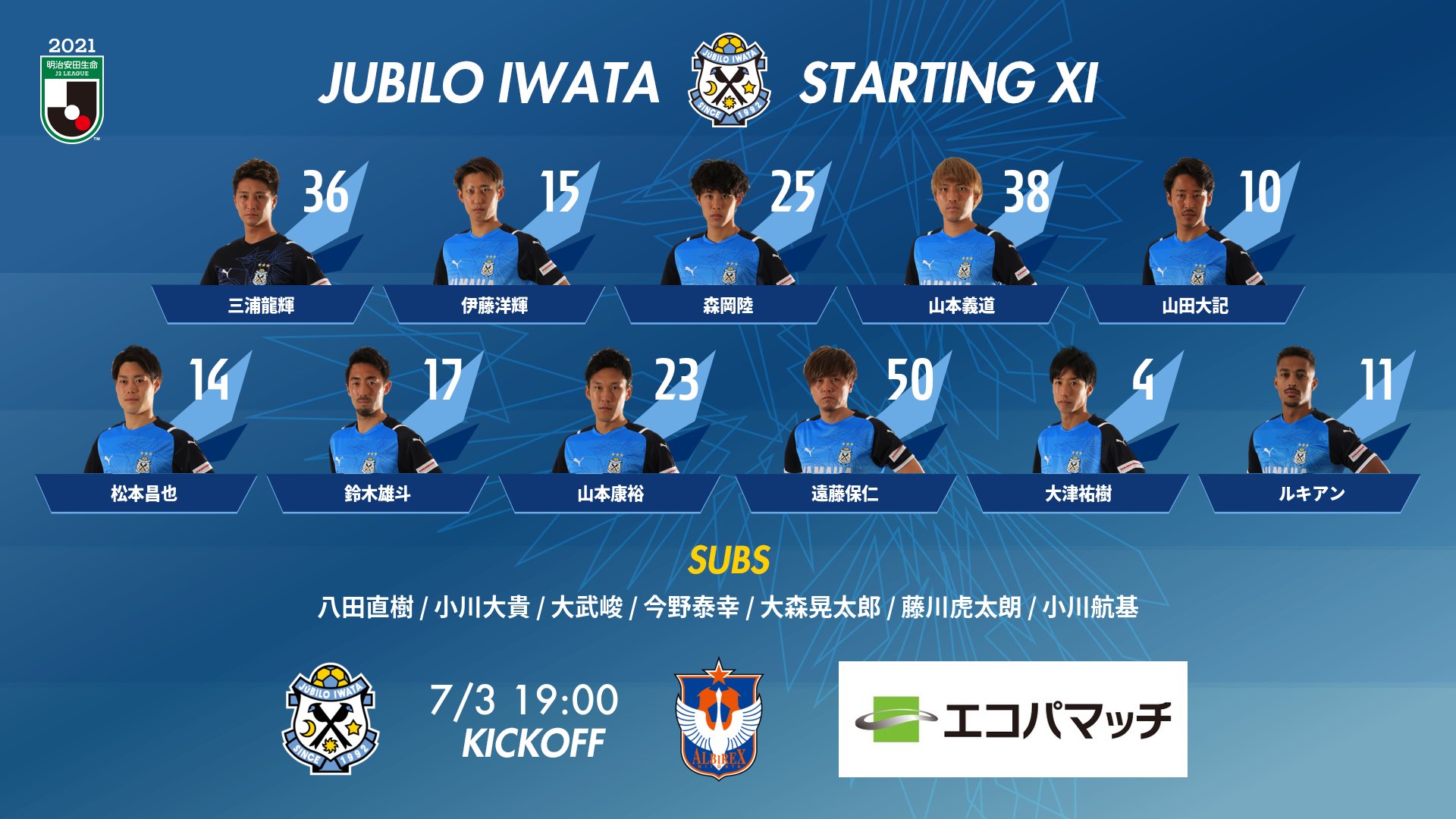 ジュビロ磐田 Starting 11 7 3 土 19 00 ジュビロ磐田vsアルビレックス新潟 ご視聴は Dazn で T Co Zm0z3vwwbz 試合前live ジュビロ磐田公式チャンネル T Co Kzgejrilu9 Uniteforw1n T Co Hxpp3afdws Twitter