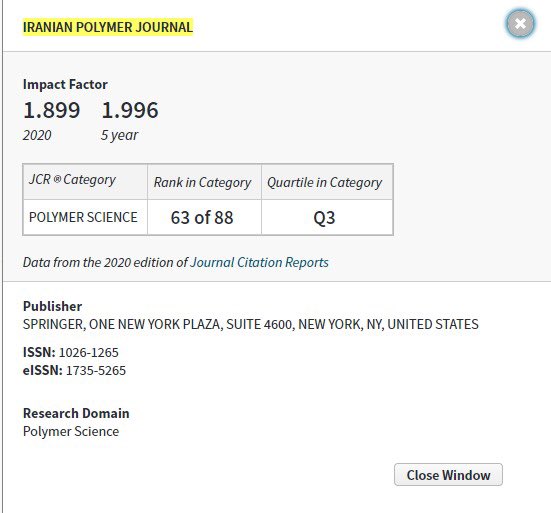 Iranian Polymer Journal’s new IF is 1.899 🎉
We welcome your submissions. #iranpolymerandpetrochemicalinstitute #iranianpolymerjournal #ImpactFactor 
springer.com/journal/13726