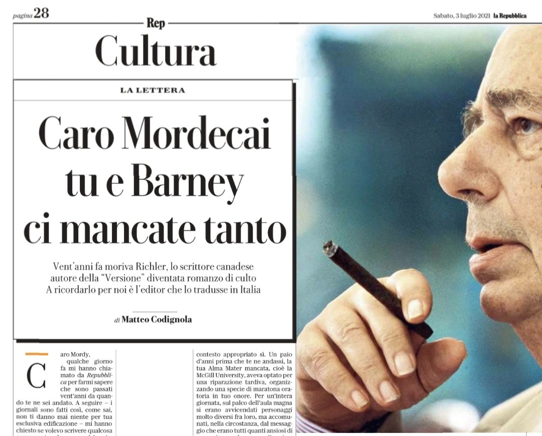 Oggi in Cultura da non perdere il pezzone dello scrittore Matteo Codignola sul collega Mordecai Richler a vent'anni dalla scomparsa. 

#mordecairichler 
#laversionedibarney