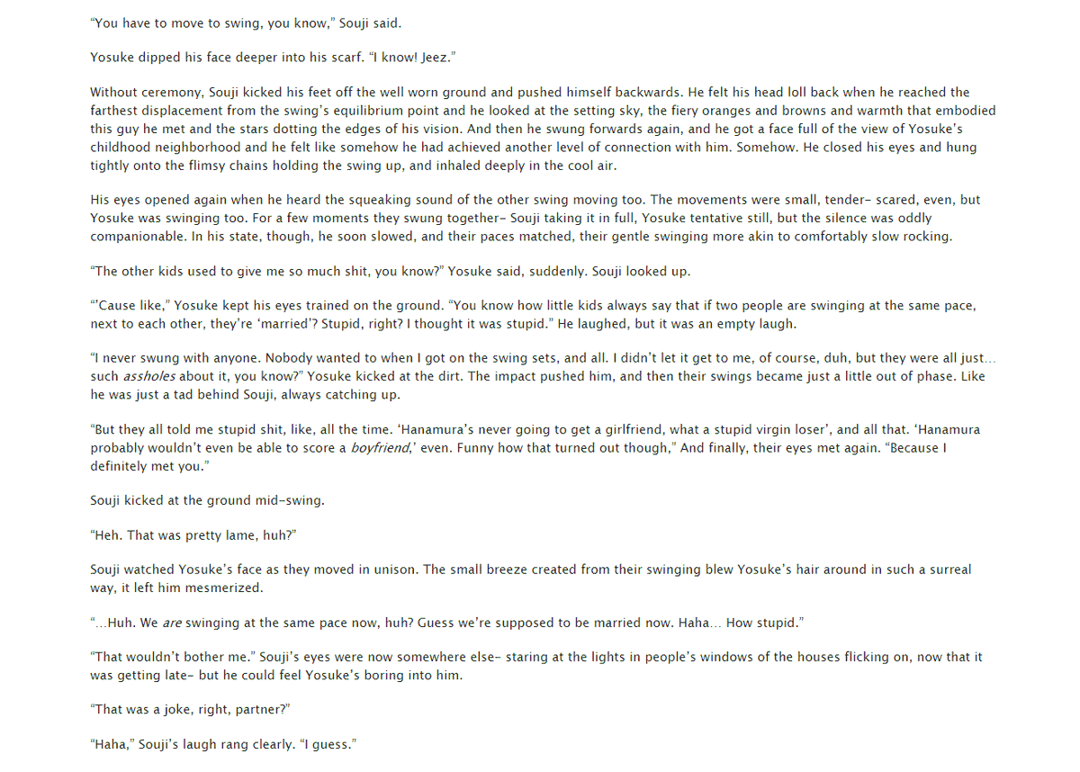 chockiedockie's tweet photo. someone asked to read some of my old fanfic stuff and i started re-reading some of it and man. i feel like i've gotten so much worse at writing because this was so peak. the perfect amount of tender love, angst, bittersweet. there's so much weight in the "I guess." at the end lol https://t.co/6xW58cC4dg