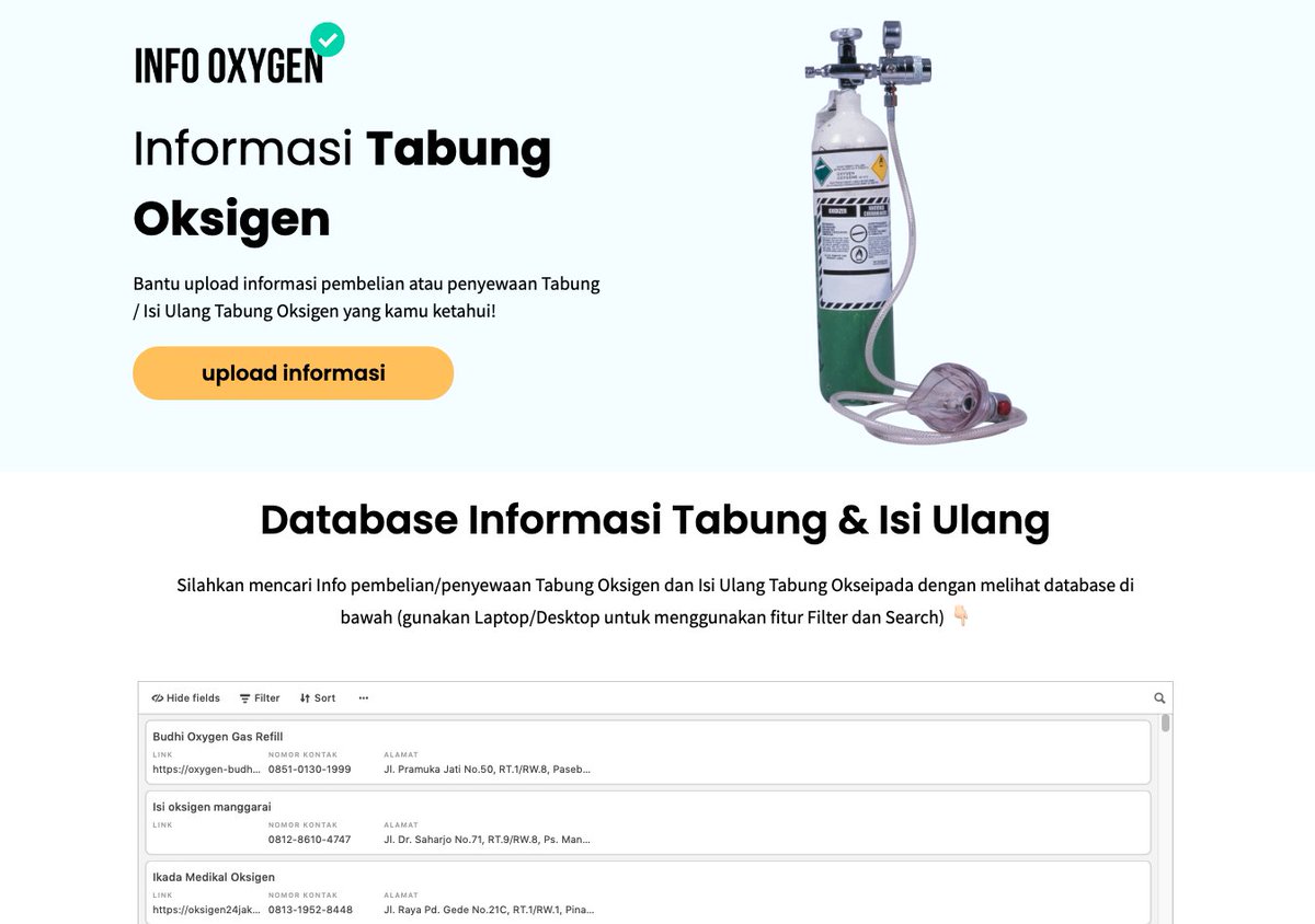MFaizGhifari's tweet image. Ini aku buat website berisi kumpulan list pembelian &amp;amp; Isi ulang tabung Oksigen untuk Jabodetabek, Bandung, &amp;amp; wilayah lain

Mohon bantuannya untuk mengisikan info isi ulang / pembelian tabung yang kalian tahu juga di web ini🙏🏻

Ini webnya, semoga bermanfaat
oksigen.carrd.co