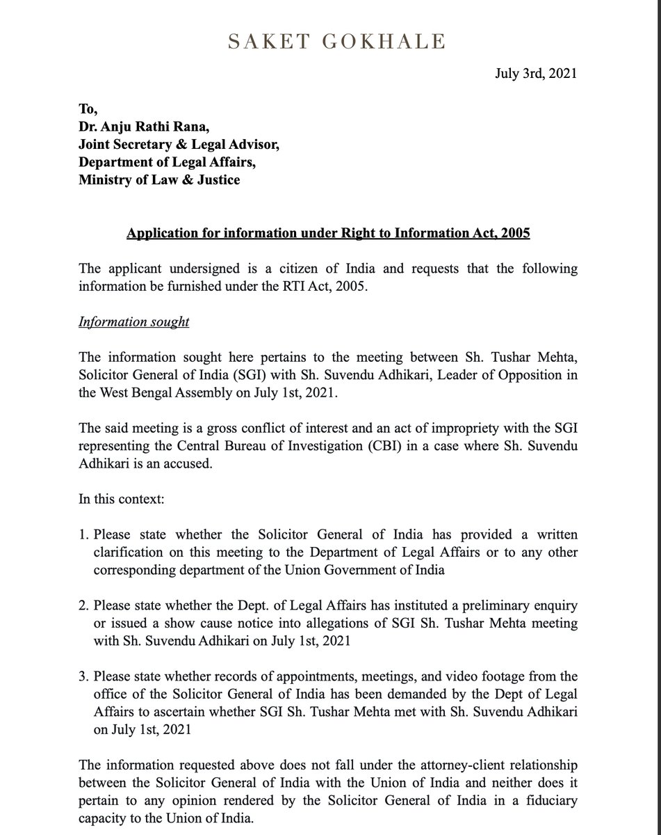 SaketGokhale's tweet photo. Filed an RTI with the Dept of Legal affairs asking for records of:

A. Whether SG Tushar Mehta met with Suvendu Adhikari

B. Whether video footage from the SG's office has been summoned for a preliminary enquiry after allegations made by @derekobrienmp &amp; other TMC leaders https://t.co/q1325oLb6I