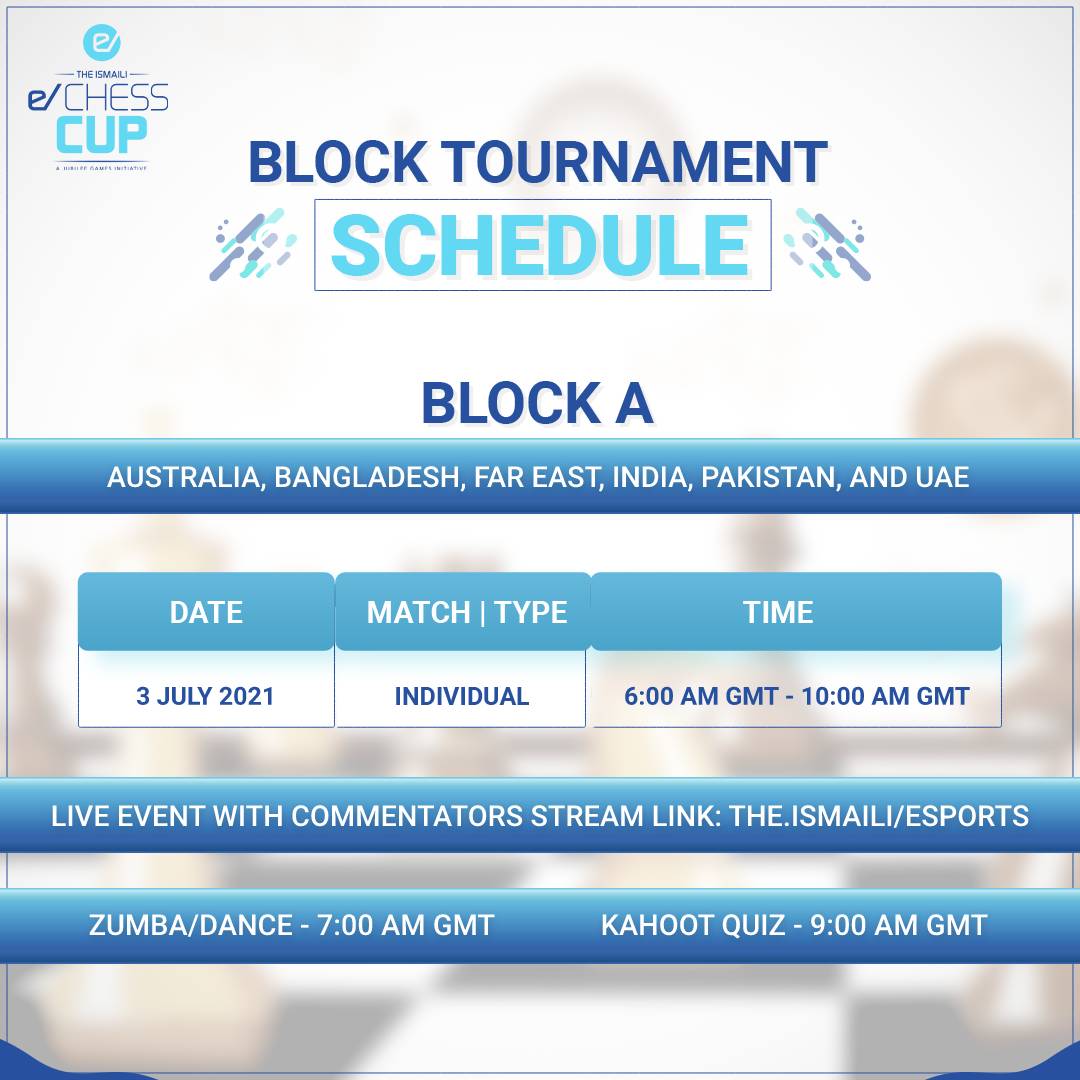 TheIsmaili's tweet photo. #TheIsmailieChessCup Block A Tournament will begin in just one hour! Visit https://t.co/mzC45i92nb to join the experience LIVE and watch the participants from Australia, Bangladesh, Far East, India, Pakistan, and UAE. 
#Ismaili #OneJamat #eSports #JubileeGames #Chess #eChess https://t.co/OgD7ruxCXS