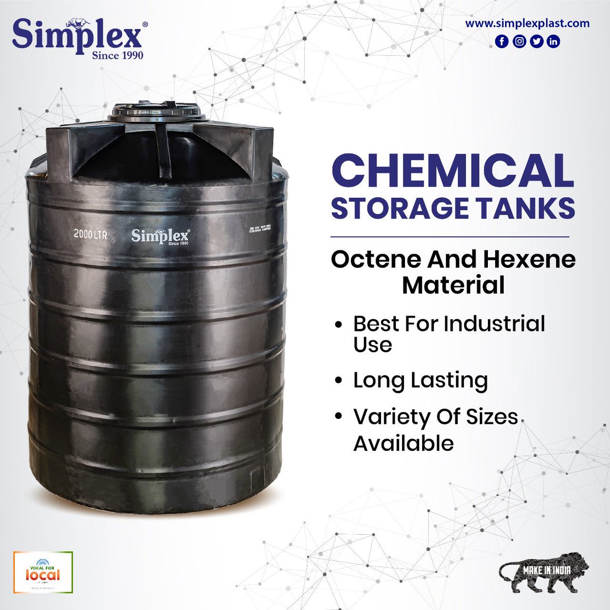 simplexplast's tweet photo. Every Industry’s mandatory requirements is something that our Chemical Tanks fulfil.
For more information visit https://t.co/Lxnud3raK2 or call us on +91 84848 81657 for more details.
#storagesolutions #watertank #septictank #industrial #manufacturer #longlasting #simplexplast https://t.co/CJWdSJh34y