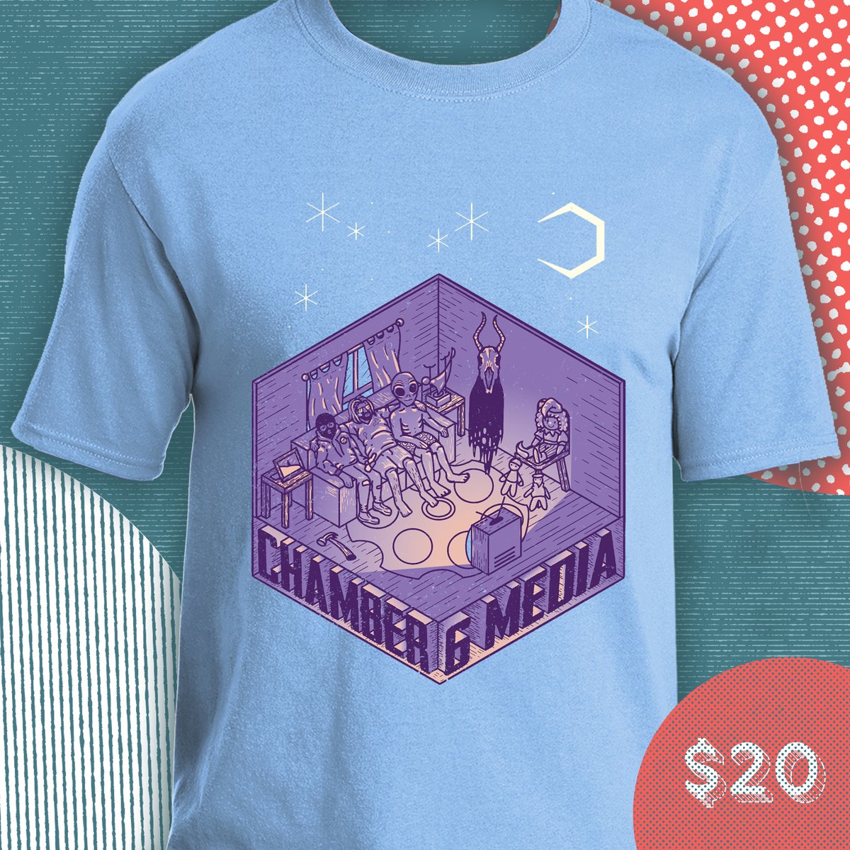 Chamber6Media's tweet photo. We have a SHIRT! Our design was illustrated by the talented @DesignsKalohe and features various characters and ephemera from our short films and music videos from over the years.

Pre-orders will be open for the next week! Visit https://t.co/JmAYMeOPYQ to order yours! https://t.co/rw8nEouaxA