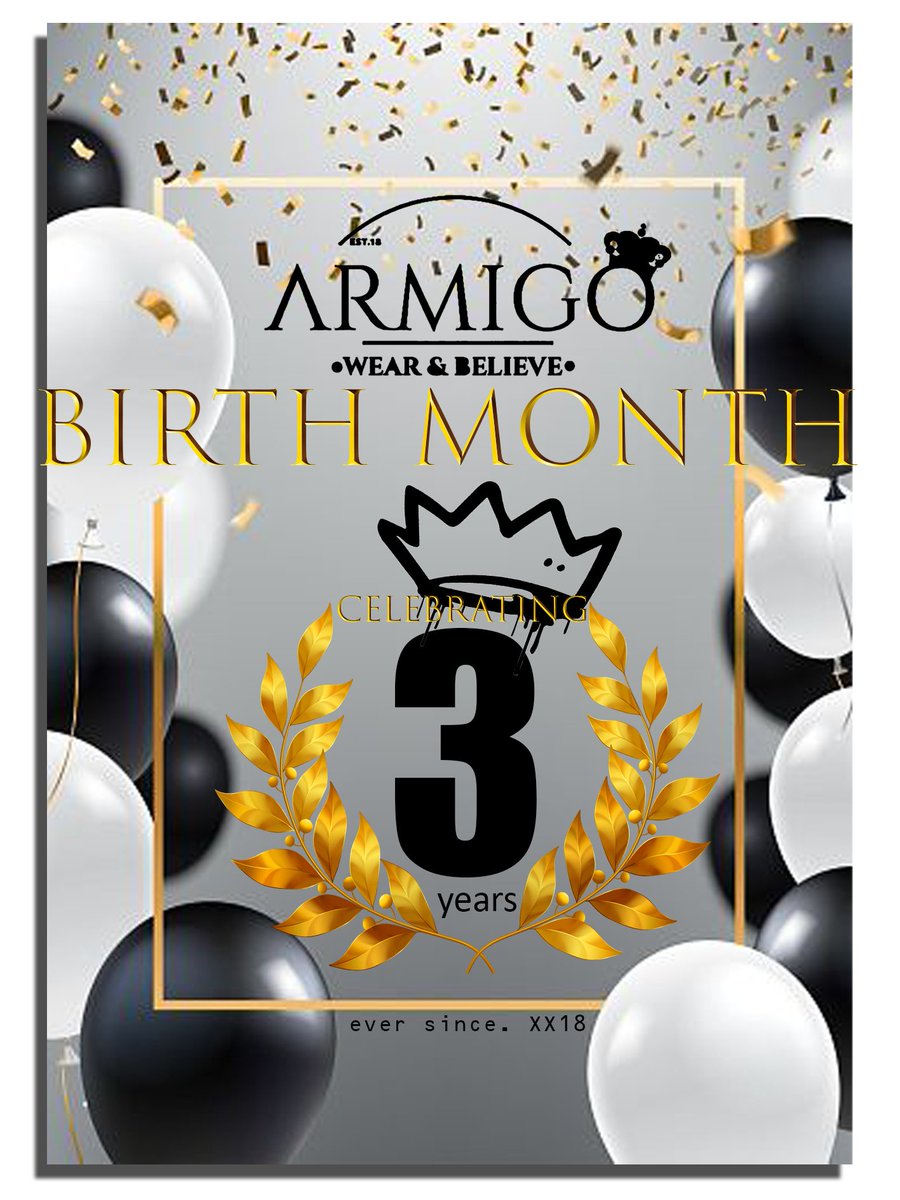 armigo_za's tweet photo. HAPPY  3-YEARS 🥳🎉
It's ARMIGO's Birth Month and we would love to celebrate it with you family
Come let us Unite as a family to Celebrate this Devine day together. 
We represent LOYALTY, ROYALTY, INTEGRITY, UNITY and POWER. All these values define us.
#wearandbelieve https://t.co/IxHHIBriUM