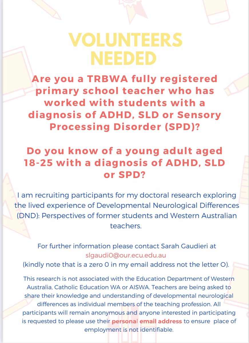 Can you help Sarah with Doctoral research? If so, please email 👉🏽slgaudi0@our.ecu.edu.au (Note: it is a ZERO before the @ sign) 
#ADHD #SLD #SPD #SEN