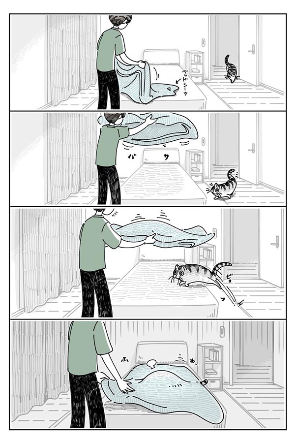 シーツを敷こうとする飼い主に、愛猫が…? 勝負のオチに「分かりすぎる」の声 https://t.co/GqNShaJLoC @grapeejpより 