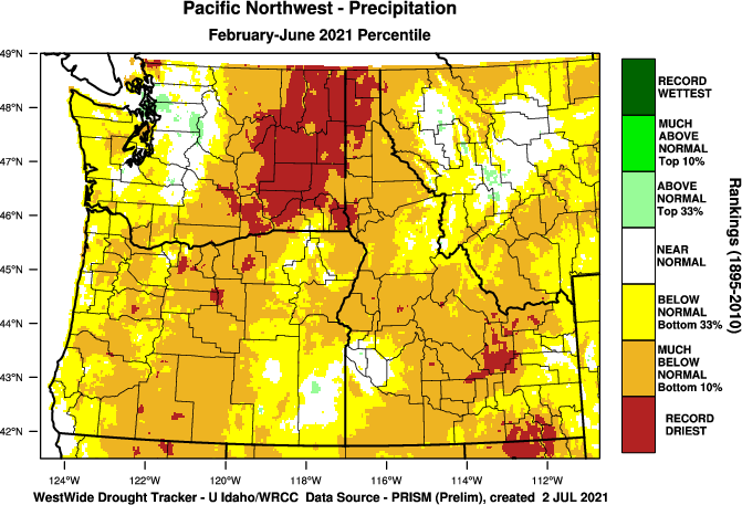 The Feb-June precipitation ranking maps are in, with more record dryness showing up over the region.  Spokane Feb-June 2021 precip: 1.51".  Previous record 2.11" (1924). Normal is 7.24"!  #wawx #idwx #drought