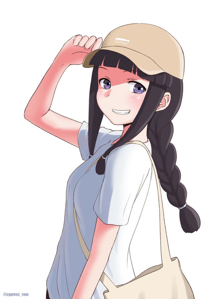 kitakami (kancolle) 1girl solo braid black hair hat long hair smile  illustration images