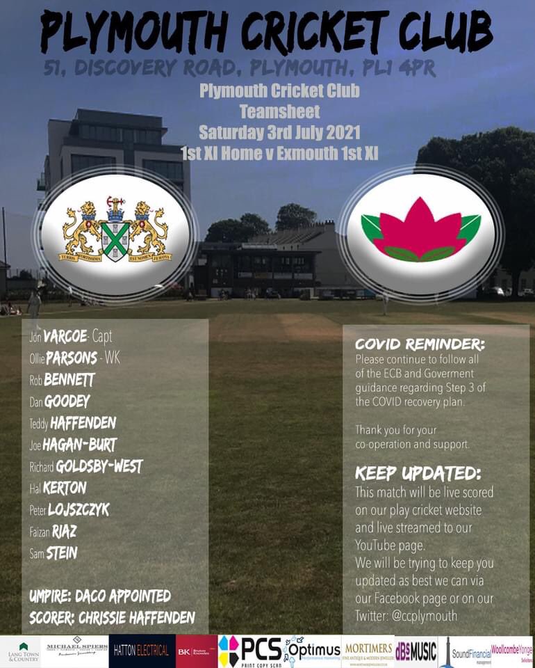 Plymouth Cricket Club The 1st Xi Look To Make It Back To Back Home Wins As They Welcome Exmouthcricket To Mw Please Note It S James Degg Not Teddy Haffenden Playing