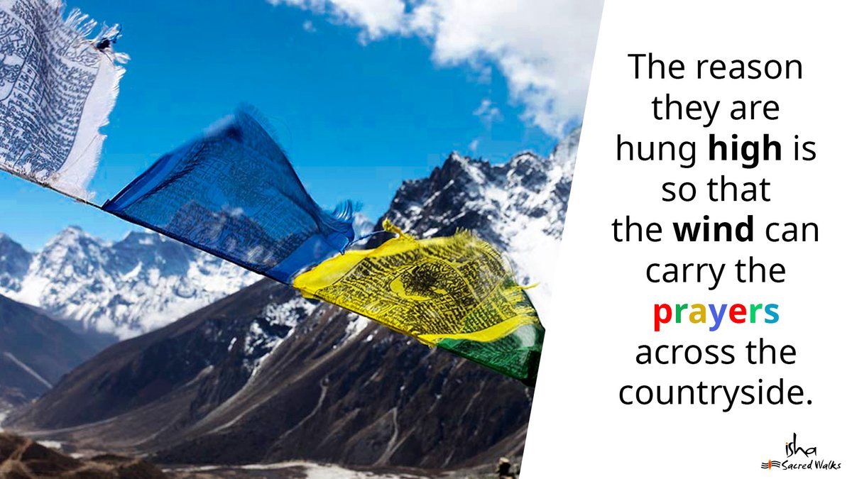 IshaSacredWalks's tweet photo. 3 fun facts about prayer flags
Each color in the Buddhist prayer flag represents the five elements &amp; 4 directions.
Prayer flags are inscribed with auspicious symbols, prayers &amp; mantras
The reason they are hung high is so that the wind can carry the prayers across the countryside https://t.co/bpkHAeMqd5