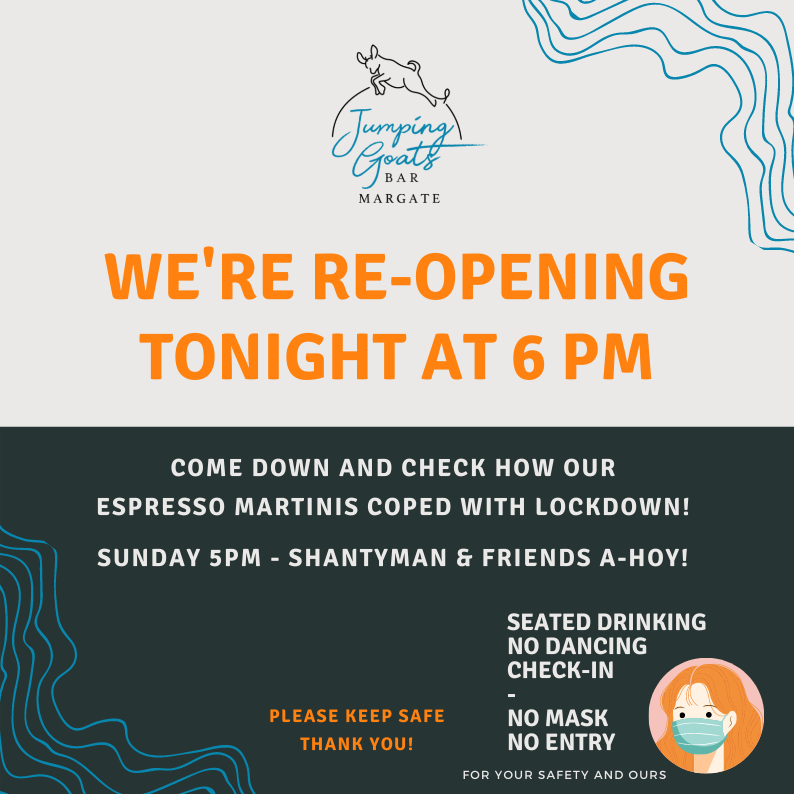 JumpingGoats's tweet photo. We're so glad to be re-opening tonight at 6pm! Come down and check how our Espresso Martinis coped with lockdown! Sunday 5pm - Shantyman &amp; Friends a-hoy! Of course there's restrictions again, most especially please wear a mask and check-in on arrival. Hope to see you soon! https://t.co/TsE5s2qupJ