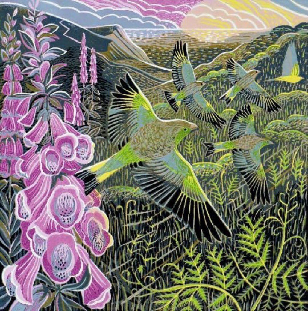 womensart1's tweet photo. 'Foxgloves And Finches' by Annie Soudain, contemporary UK printmaker #womensart #summer https://t.co/0xB0smVw6M