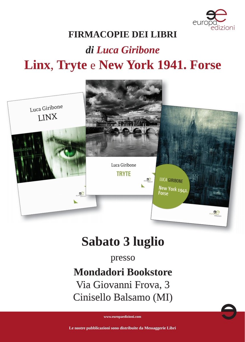 giriboneluca's tweet photo. Vi aspetto!
Il caldo è moderato, qualche nuvola non guasta, la piazza è accogliente, i libri pronti!
#firmacopie
#linx
#lucagiribonescrittore
#BookTwitter
#booktok
#bookworms
#libri
#libriperstrada https://t.co/zJWRdKFUVB