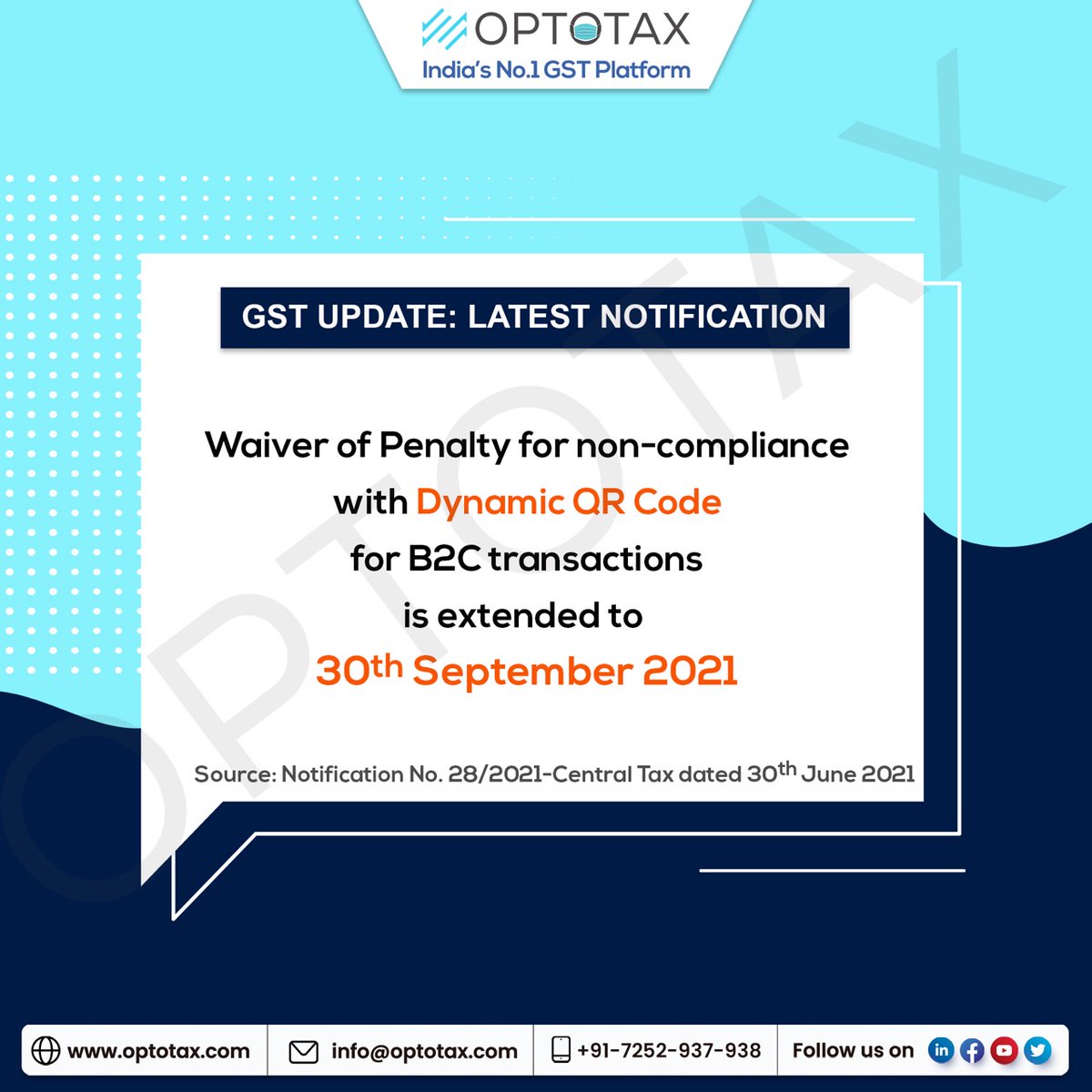 optotax_gst's tweet photo. #optotaxgstupdates
Waiver of Penalty for non-compliance of QR Code Requirements
(Refer to the image below to know more)
#gst #GSTUpdates #optotax #penaltywaiver #dynamicqrcode https://t.co/7UOQd7Dewy