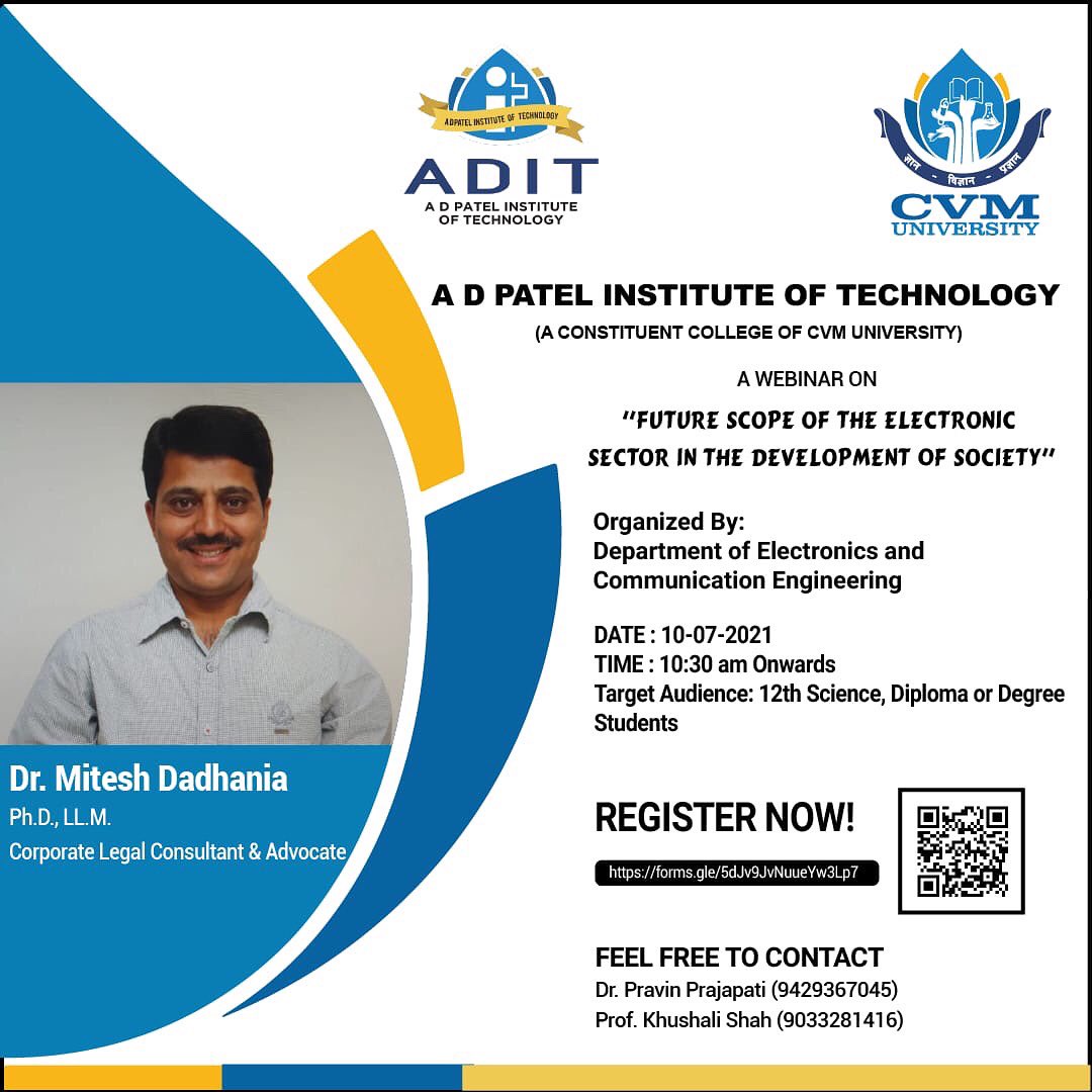 adit_cvmu's tweet photo. ADIT-CVMU
Webinar "Future Scope of Electronic Sector in the Development of Society"
Registration Link: https://t.co/U4QacHRSjK
#cvmuniversity #cvm #adit_cvmuniversity #adit #webinar #futurescope #electronics #electronicsector #development #societydevelopment #placement https://t.co/s4AFyicWRU