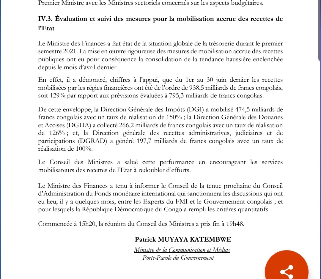 rkitsita's tweet photo. #RDC: Après l'exposé du Min des finances sur les réalisat° des régies financières en rapport avec la mobilisat° des recettes , le conseil des min a salué leur performance .
Du 1e au 30 juin, les recettes mobilisées sont de l'ordre de 938,5 milliards FC contre 795,3M de previs° https://t.co/1mgDbbAOaF