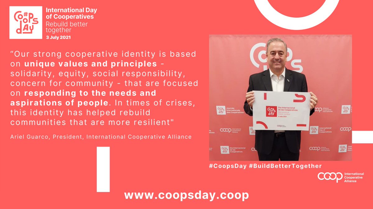 Today is our day, today is #CoopsDay

The 1 billion #cooperators 🌍 are showing that #coops can lead a better future that prioritizes
🫂 people
🏘️their communities
🌳the environment they live in

Let us make our voices heard
Let's proudly show our identity

#RebuildBetterTogether